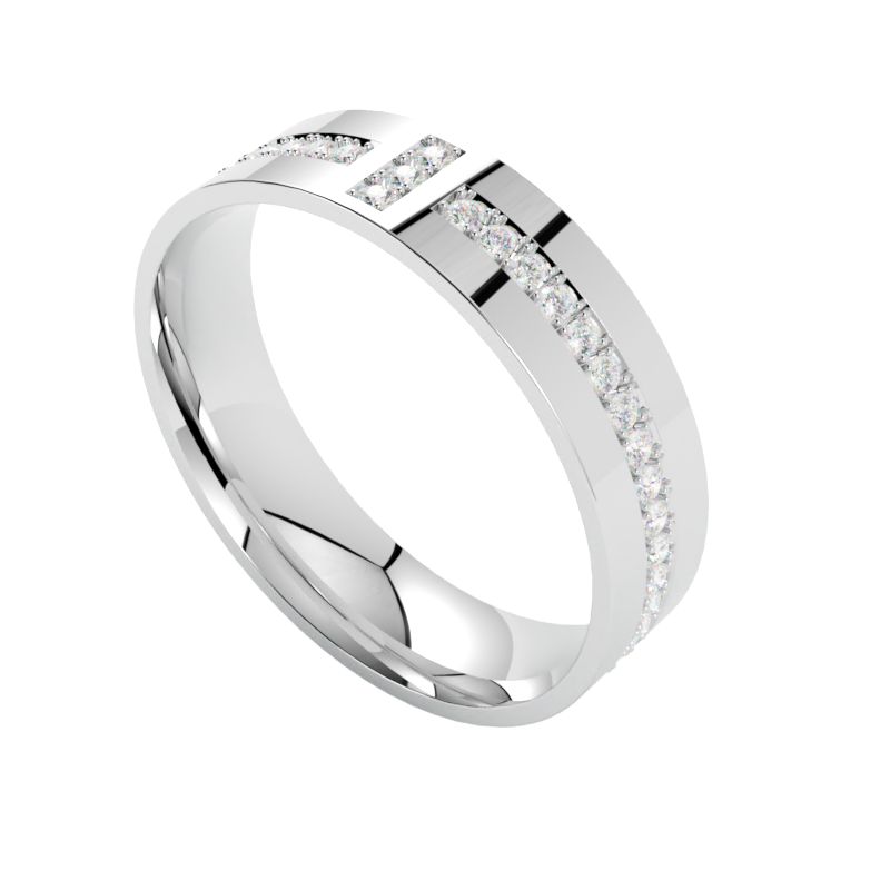 Obrączka z platyny z osadzonym rzędem brylantów i trzema brylantami w centrum obrączki